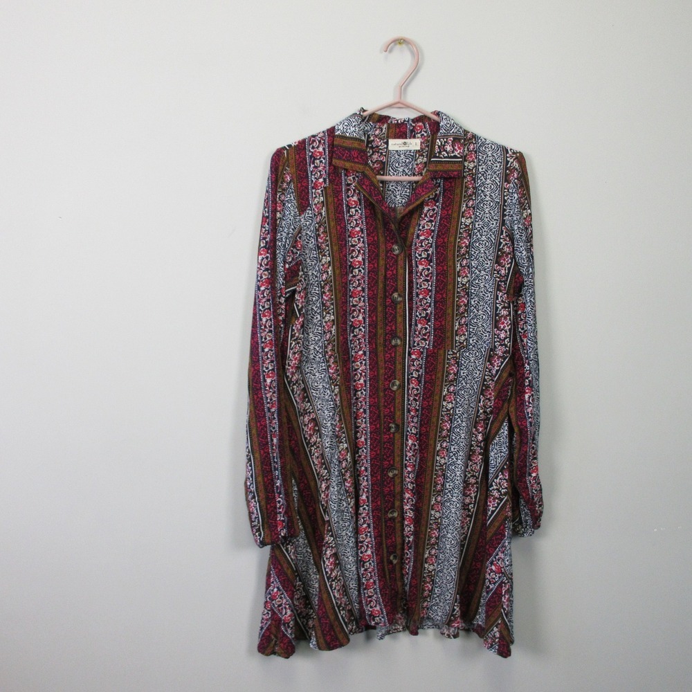 Natural Life Shirt Dress S 100% Rayon Button Red Floral Long Sleeve Boho 300